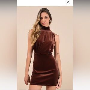Lulus Gorgeous Darling Brown Velvet Sleeveless Mock Neck Mini Dress